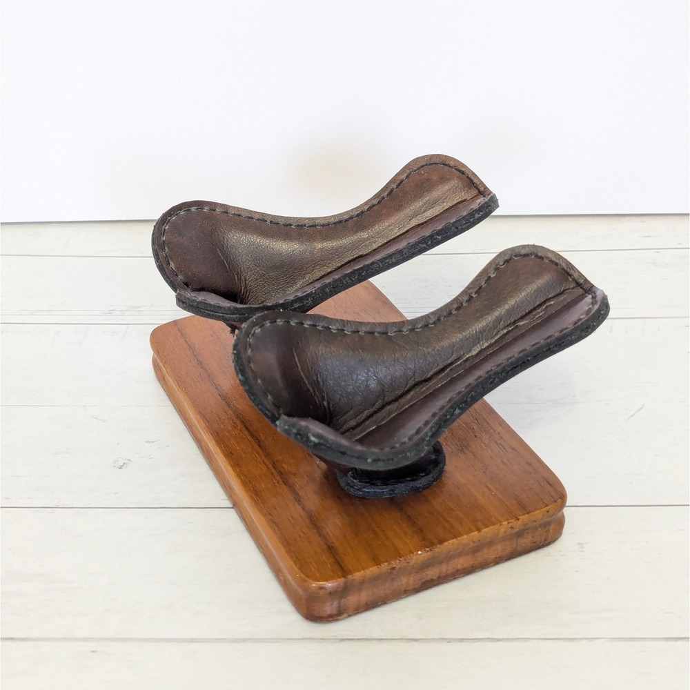 Vintage Leather & Wood Double Pipe Stand Holder Rest DECATUR Industries